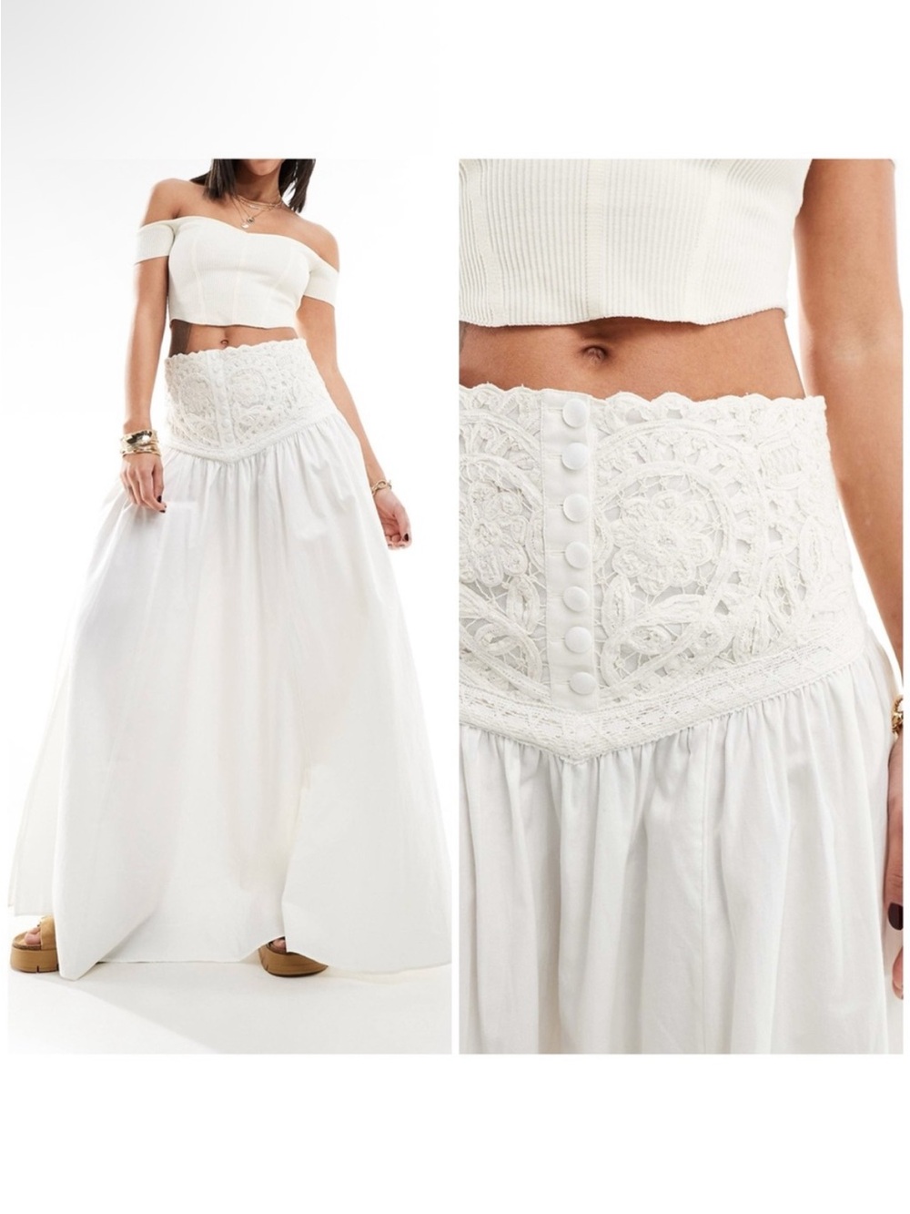 NWT Free People Maxi Bella Battenburg Lace panel skirt white size 2 fits size 4